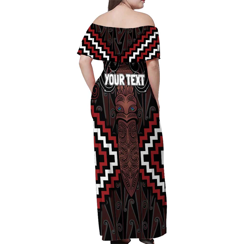 Maori Taiaha Whakairo Personalized Family Matching Off Shoulder Maxi Dress and Hawaiian Shirt Red Poutama Motifs LT7 - Polynesian Pride