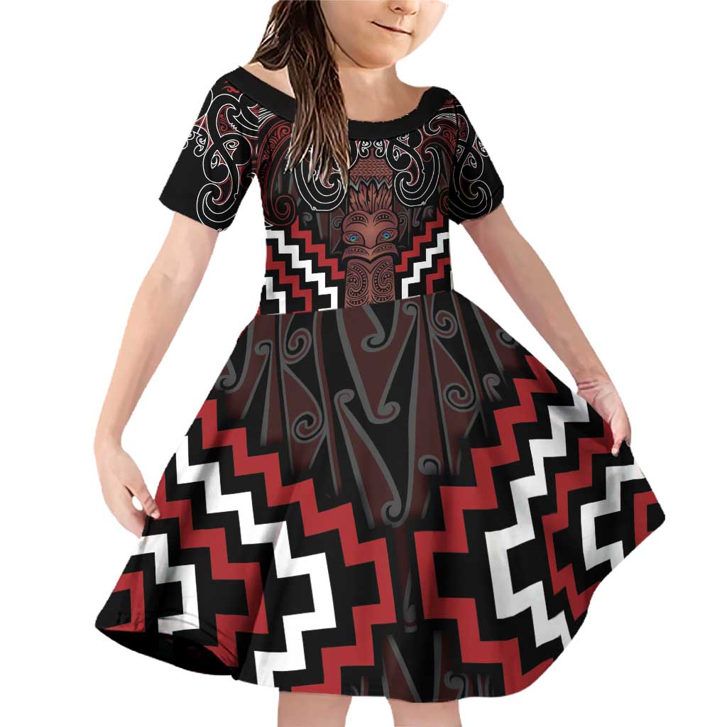 Maori Taiaha Whakairo Personalized Family Matching Off Shoulder Short Dress and Hawaiian Shirt Red Poutama Motifs LT7 Daughter's Dress Red - Polynesian Pride