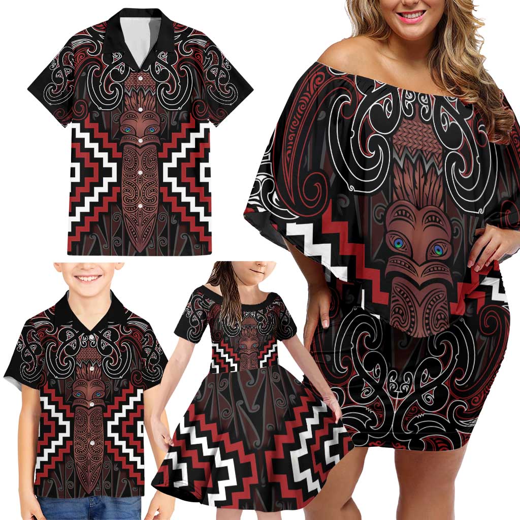 Maori Taiaha Whakairo Personalized Family Matching Off Shoulder Short Dress and Hawaiian Shirt Red Poutama Motifs LT7 - Polynesian Pride