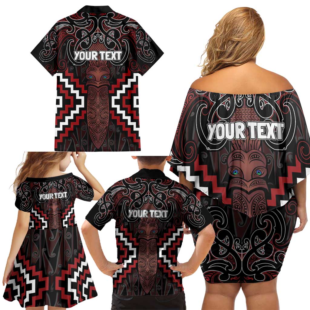 Maori Taiaha Whakairo Personalized Family Matching Off Shoulder Short Dress and Hawaiian Shirt Red Poutama Motifs LT7 - Polynesian Pride