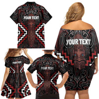 Maori Taiaha Whakairo Personalized Family Matching Off Shoulder Short Dress and Hawaiian Shirt Red Poutama Motifs LT7 - Polynesian Pride