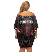 Maori Taiaha Whakairo Personalized Family Matching Off Shoulder Short Dress and Hawaiian Shirt Red Poutama Motifs LT7 - Polynesian Pride