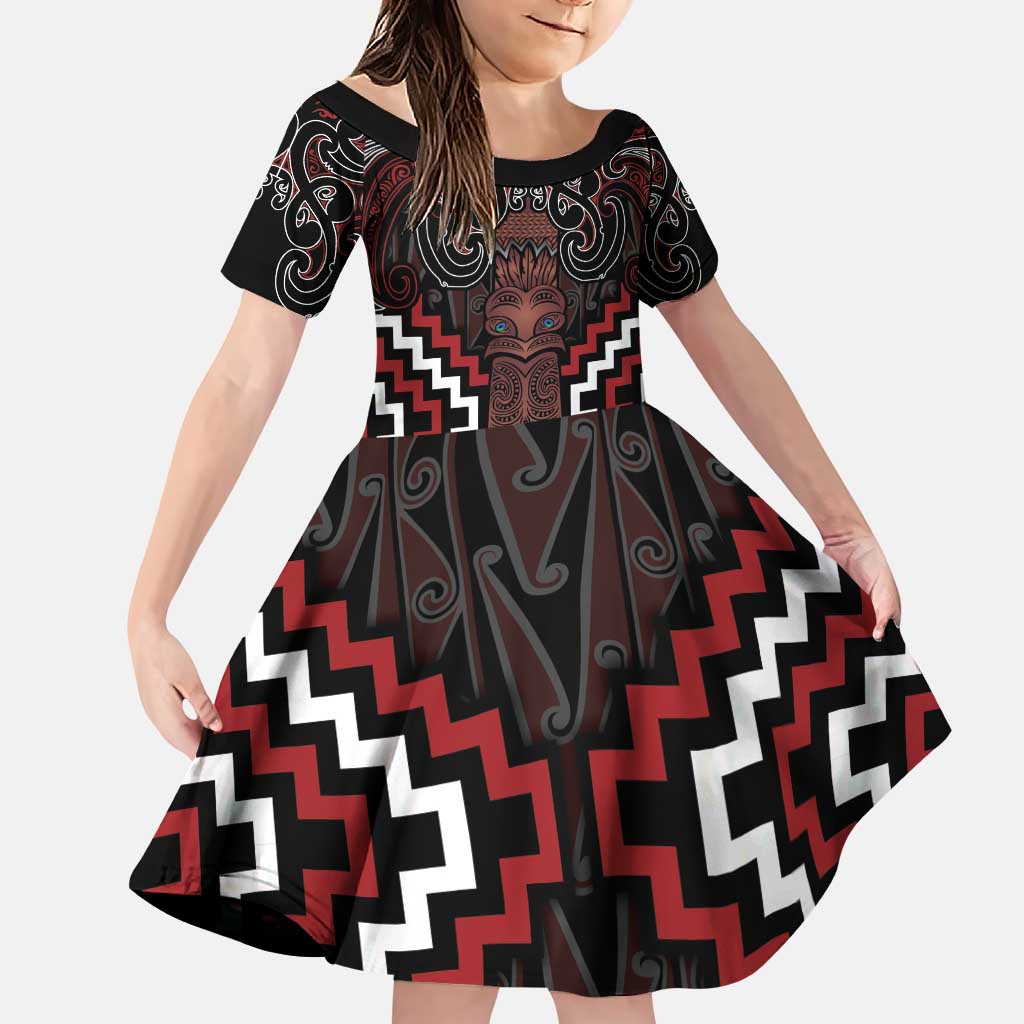 Maori Taiaha Whakairo Personalized Family Matching Puletasi and Hawaiian Shirt Red Poutama Motifs LT7 Daughter's Dress Red - Polynesian Pride