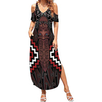 Maori Taiaha Whakairo Personalized Family Matching Summer Maxi Dress and Hawaiian Shirt Red Poutama Motifs LT7 Mom's Dress Red - Polynesian Pride