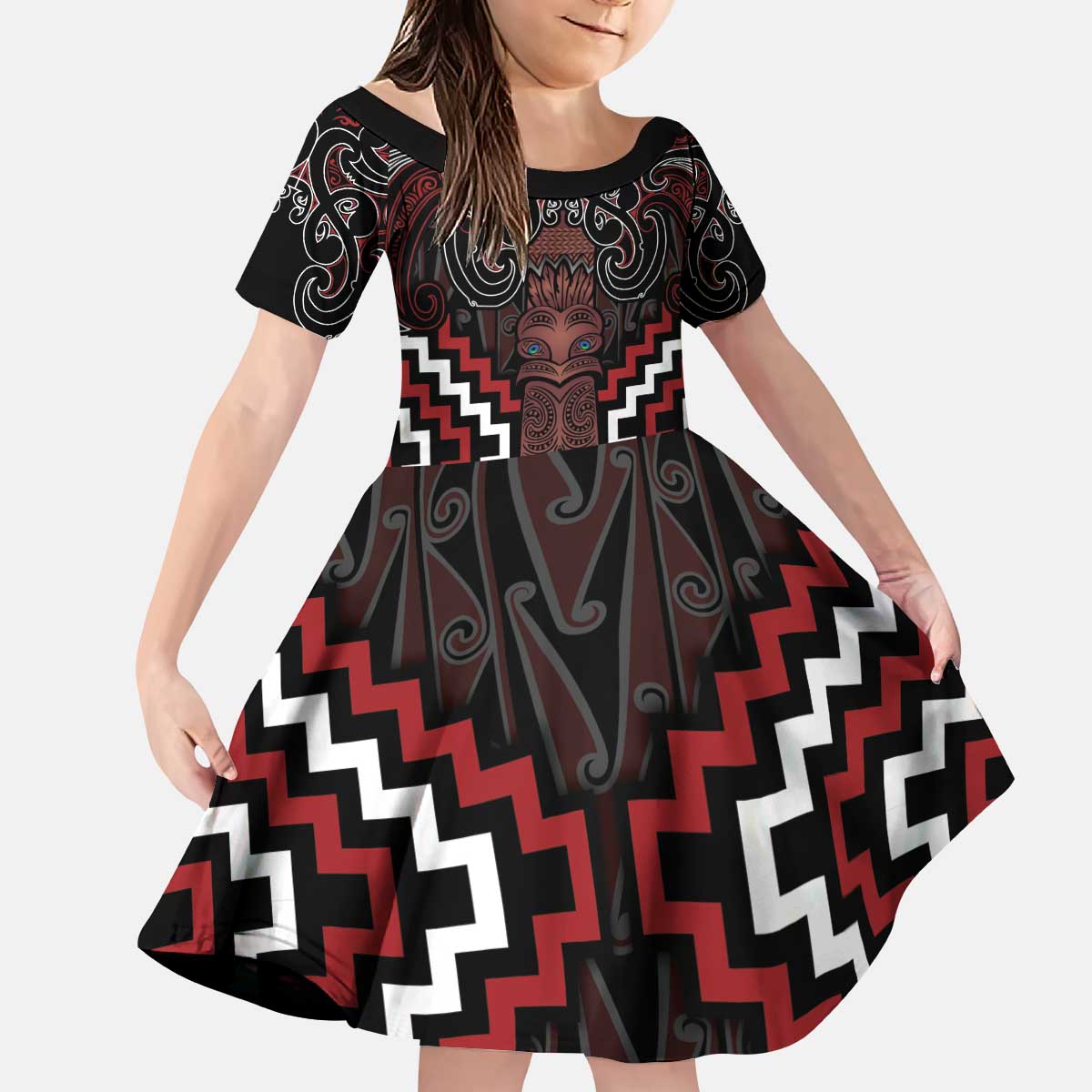 Maori Taiaha Whakairo Personalized Kid Short Sleeve Dress Red Poutama Motifs