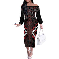 Maori Taiaha Whakairo Personalized Off The Shoulder Long Sleeve Dress Red Poutama Motifs