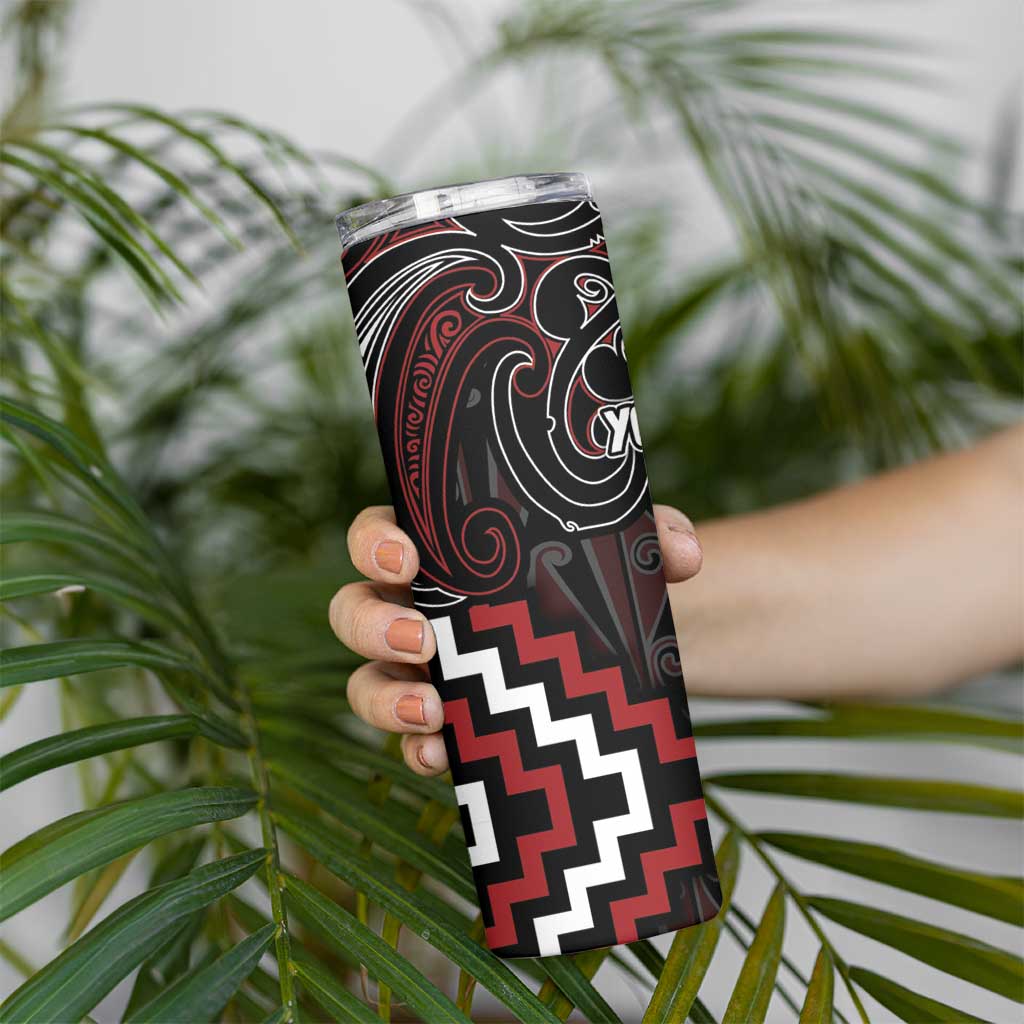 Maori Taiaha Whakairo Personalized Skinny Tumbler Red Poutama Motifs LT7 - Polynesian Pride