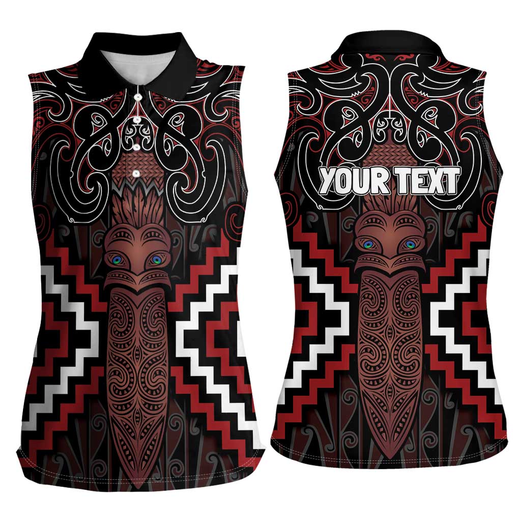Maori Taiaha Whakairo Personalized Women Sleeveless Polo Shirt Red Poutama Motifs LT7 - Polynesian Pride