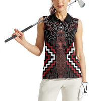 Maori Taiaha Whakairo Personalized Women Sleeveless Polo Shirt Red Poutama Motifs LT7 - Polynesian Pride