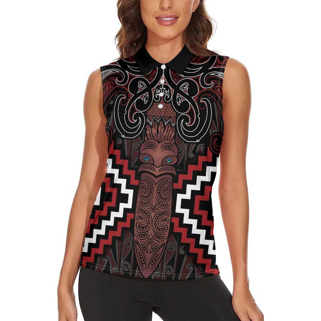 Maori Taiaha Whakairo Personalized Women Sleeveless Polo Shirt Red Poutama Motifs LT7 - Polynesian Pride