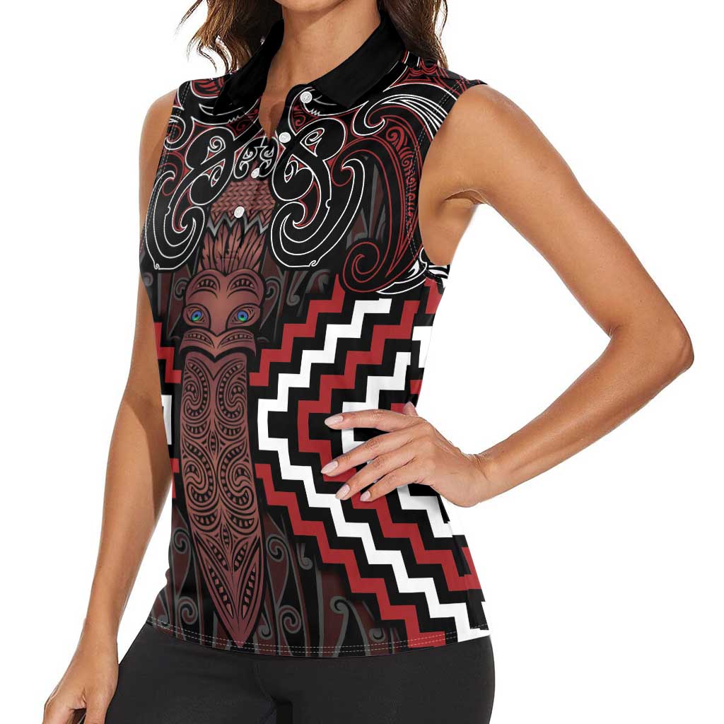 Maori Taiaha Whakairo Personalized Women Sleeveless Polo Shirt Red Poutama Motifs LT7 - Polynesian Pride