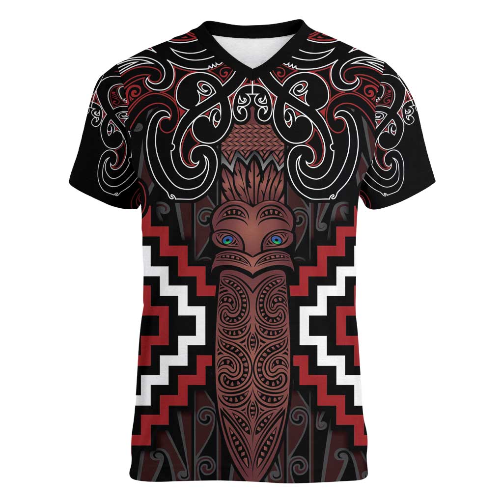 Maori Taiaha Whakairo Personalized Women V-Neck T-Shirt Red Poutama Motifs LT7 Female Red - Polynesian Pride