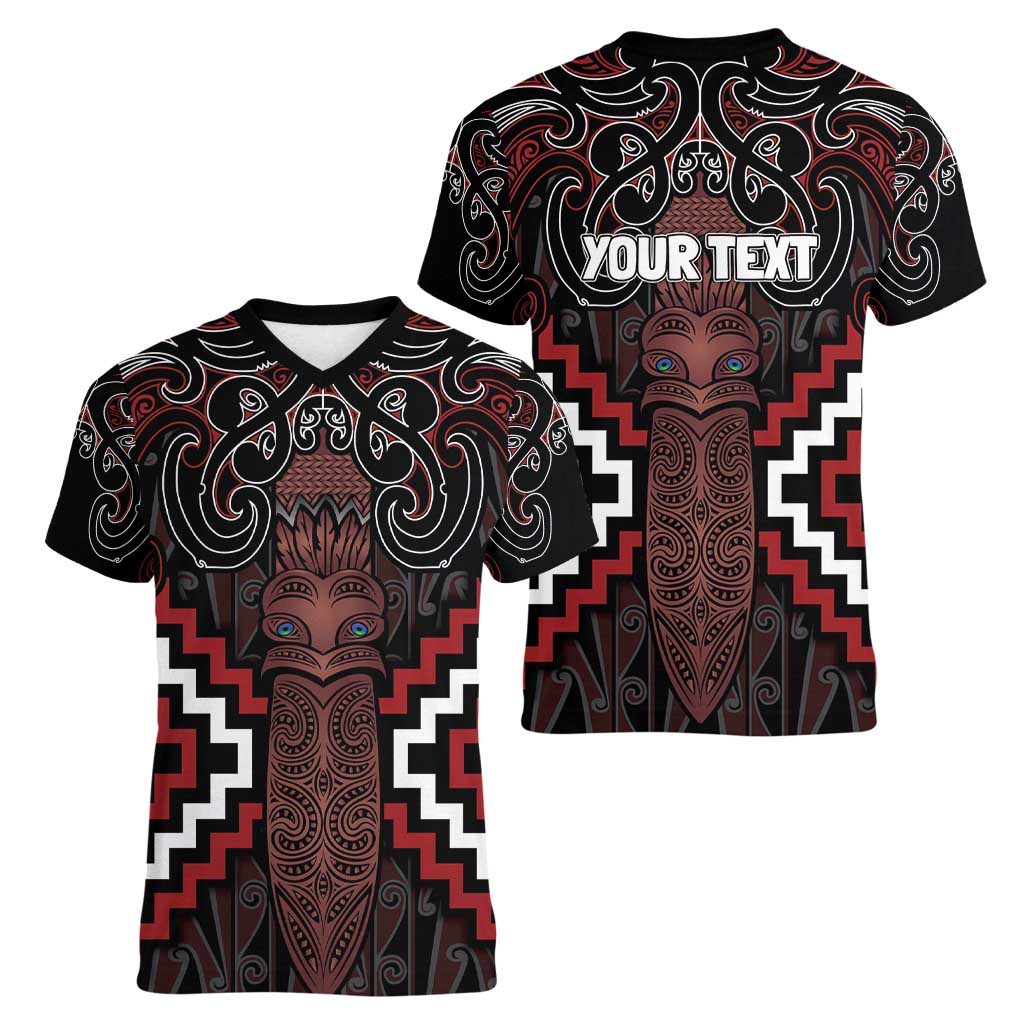 Maori Taiaha Whakairo Personalized Women V-Neck T-Shirt Red Poutama Motifs LT7 - Polynesian Pride