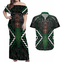 Maori Taiaha Pounamu Whakairo Personalized Couples Matching Off Shoulder Maxi Dress and Hawaiian Shirt Jade Poutama Motifs LT7 Jade - Polynesian Pride