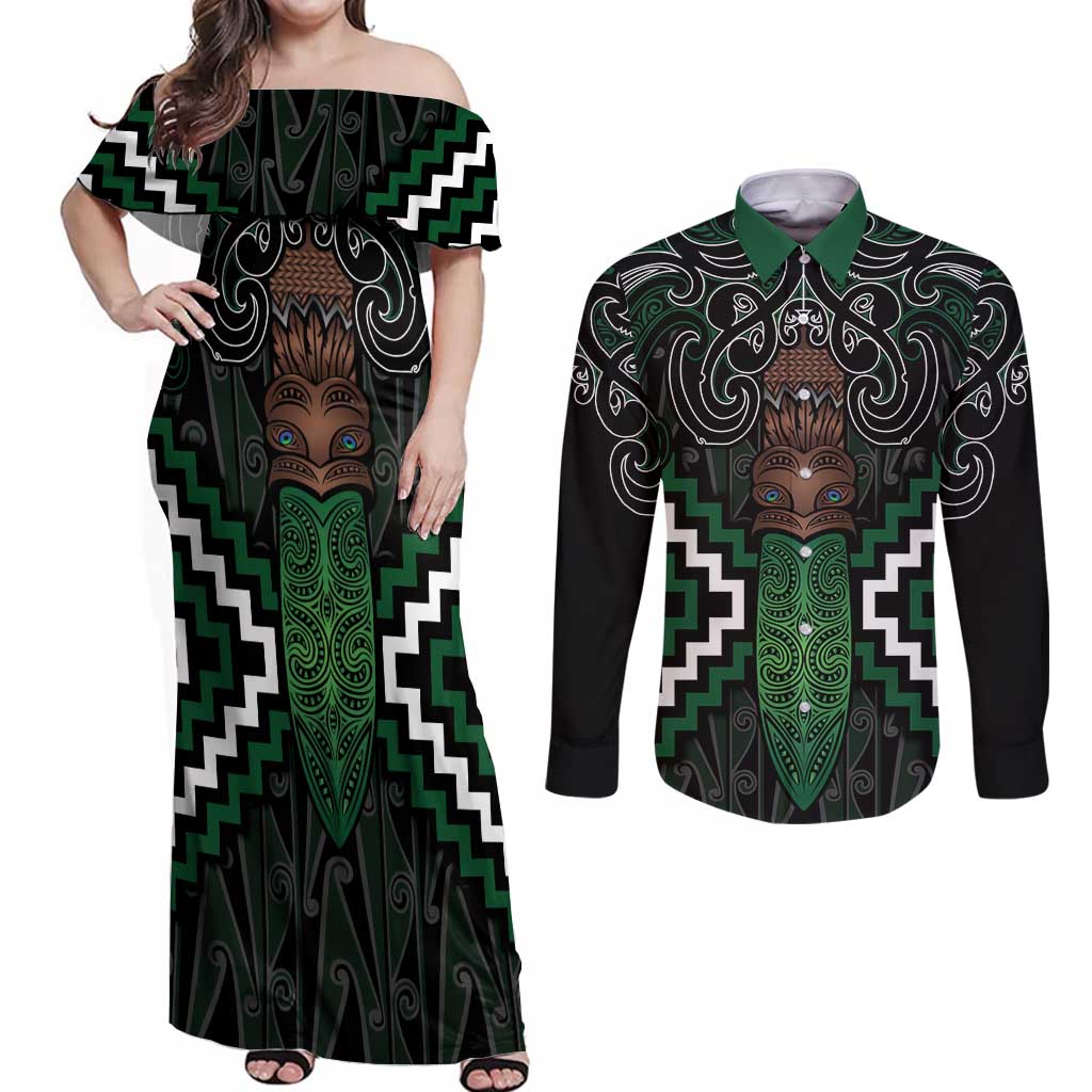 Maori Taiaha Pounamu Whakairo Personalized Couples Matching Off Shoulder Maxi Dress and Long Sleeve Button Shirt Jade Poutama Motifs LT7 Jade - Polynesian Pride