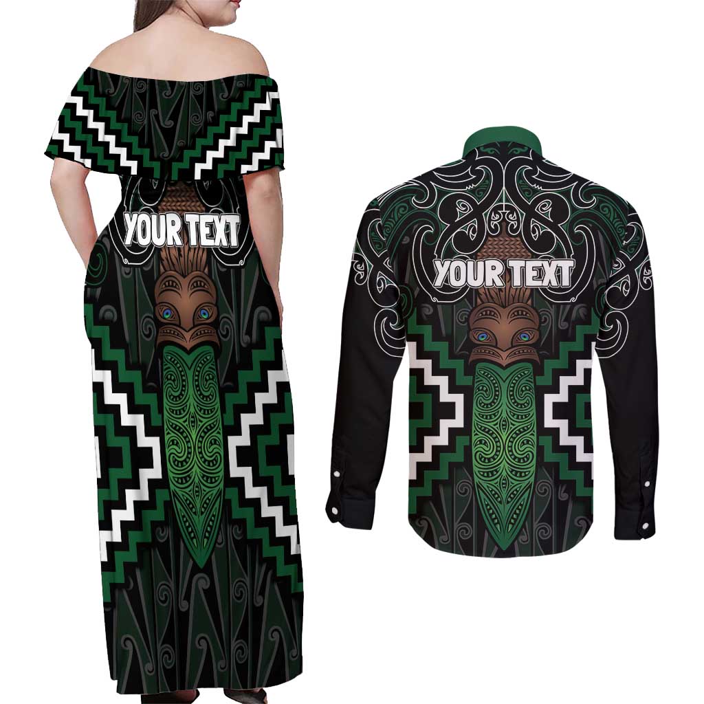 Maori Taiaha Pounamu Whakairo Personalized Couples Matching Off Shoulder Maxi Dress and Long Sleeve Button Shirt Jade Poutama Motifs LT7 - Polynesian Pride