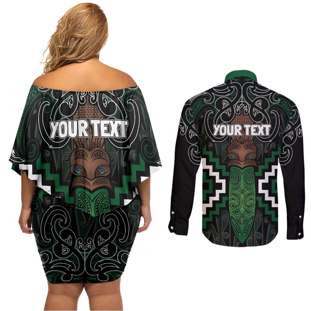 Maori Taiaha Pounamu Whakairo Personalized Couples Matching Off Shoulder Short Dress and Long Sleeve Button Shirt Jade Poutama Motifs LT7 - Polynesian Pride