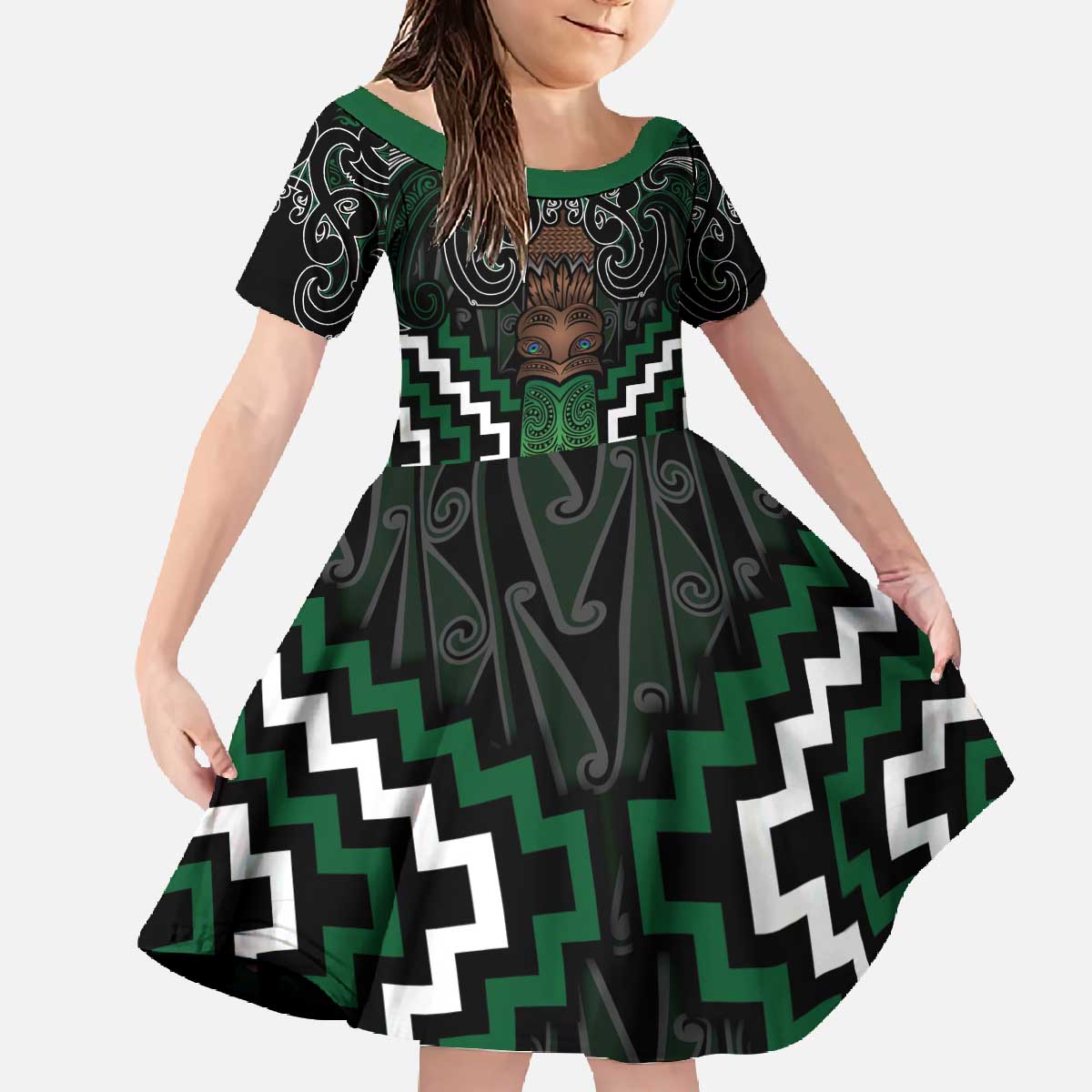 Maori Taiaha Pounamu Whakairo Personalized Family Matching Off The Shoulder Long Sleeve Dress and Hawaiian Shirt Jade Poutama Motifs LT7 Daughter's Dress Jade - Polynesian Pride