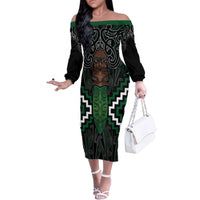 Maori Taiaha Pounamu Whakairo Personalized Family Matching Off The Shoulder Long Sleeve Dress and Hawaiian Shirt Jade Poutama Motifs LT7 Mom's Dress Jade - Polynesian Pride