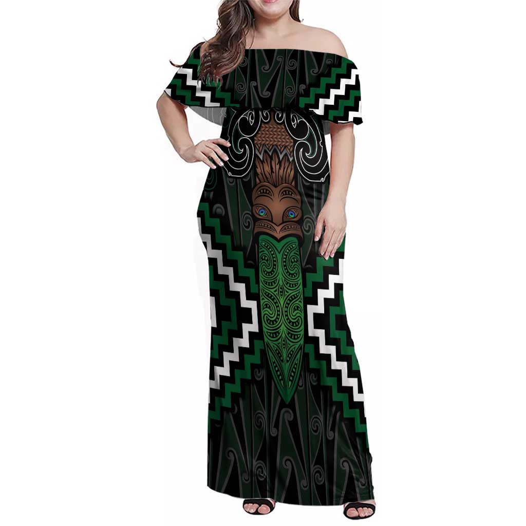 Maori Taiaha Pounamu Whakairo Personalized Family Matching Off Shoulder Maxi Dress and Hawaiian Shirt Jade Poutama Motifs LT7 Mom's Dress Jade - Polynesian Pride