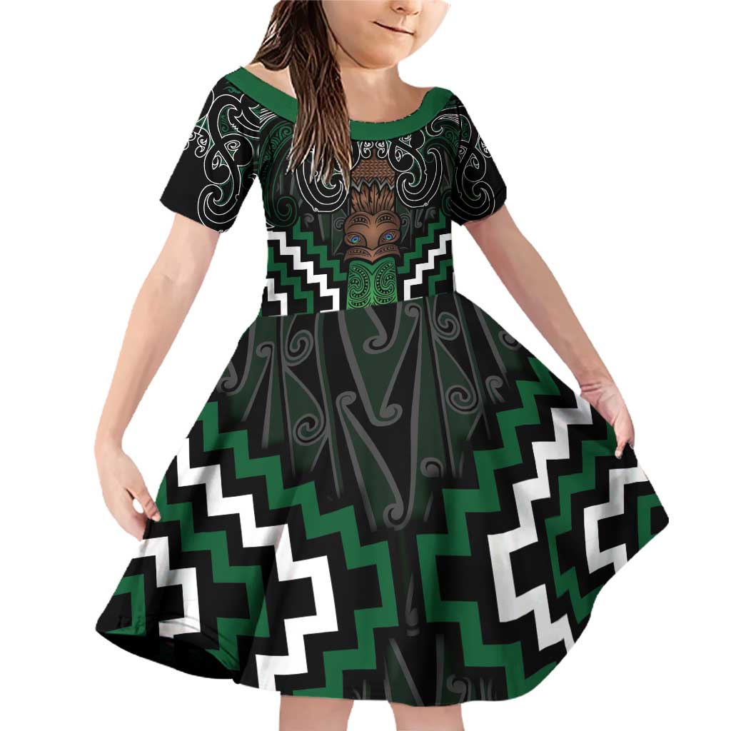 Maori Taiaha Pounamu Whakairo Personalized Family Matching Off Shoulder Short Dress and Hawaiian Shirt Jade Poutama Motifs LT7 Daughter's Dress Jade - Polynesian Pride
