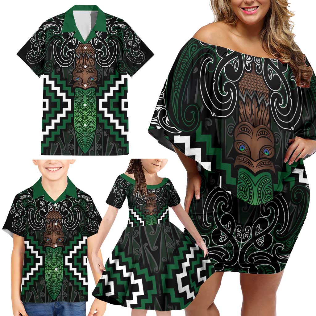 Maori Taiaha Pounamu Whakairo Personalized Family Matching Off Shoulder Short Dress and Hawaiian Shirt Jade Poutama Motifs LT7 - Polynesian Pride