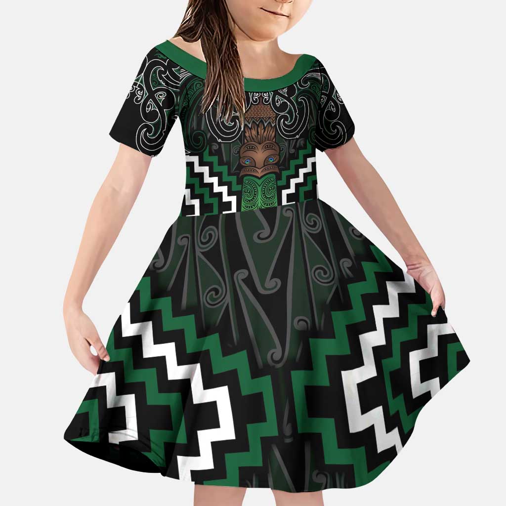 Maori Taiaha Pounamu Whakairo Personalized Family Matching Puletasi and Hawaiian Shirt Jade Poutama Motifs LT7 Daughter's Dress Jade - Polynesian Pride