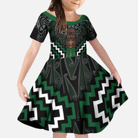 Maori Taiaha Pounamu Whakairo Personalized Family Matching Short Sleeve Bodycon Dress and Hawaiian Shirt Jade Poutama Motifs LT7 Daughter's Dress Jade - Polynesian Pride