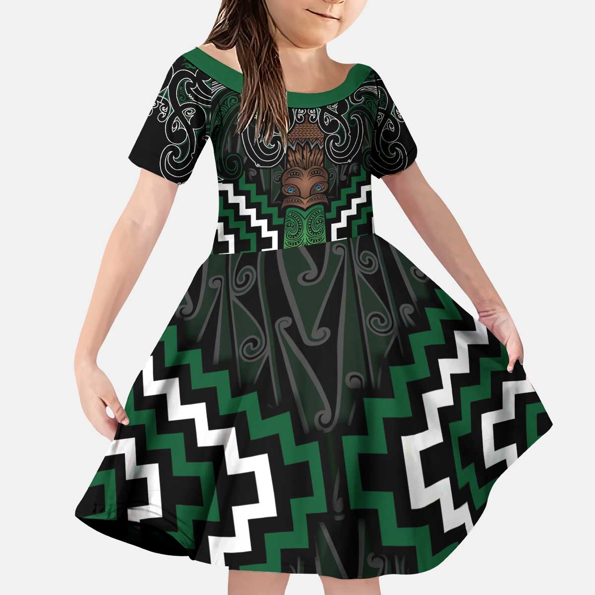Maori Taiaha Pounamu Whakairo Personalized Kid Short Sleeve Dress Jade Poutama Motifs LT7 KID Jade - Polynesian Pride