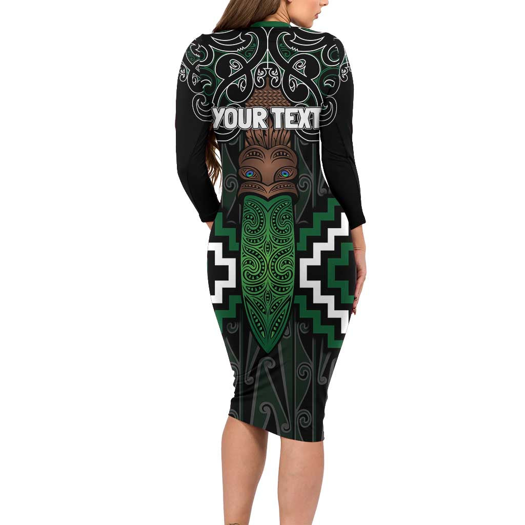Maori Taiaha Pounamu Whakairo Personalized Long Sleeve Bodycon Dress Jade Poutama Motifs LT7 - Polynesian Pride