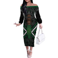 Maori Taiaha Pounamu Whakairo Personalized Off The Shoulder Long Sleeve Dress Jade Poutama Motifs LT7 Women Jade - Polynesian Pride