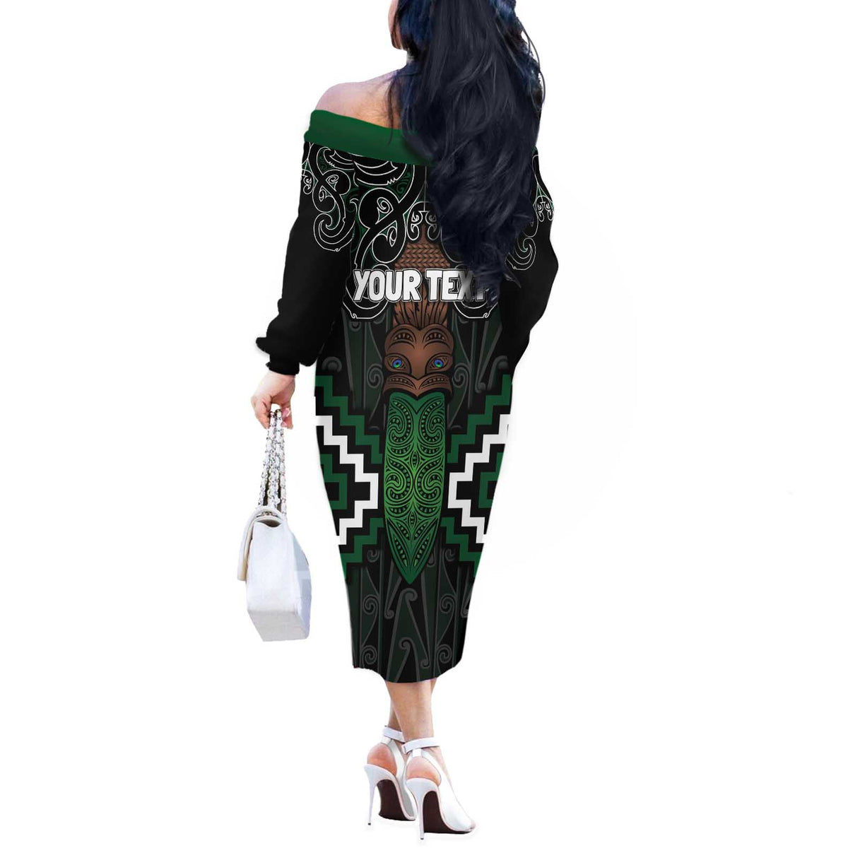 Maori Taiaha Pounamu Whakairo Personalized Off The Shoulder Long Sleeve Dress Jade Poutama Motifs LT7 - Polynesian Pride
