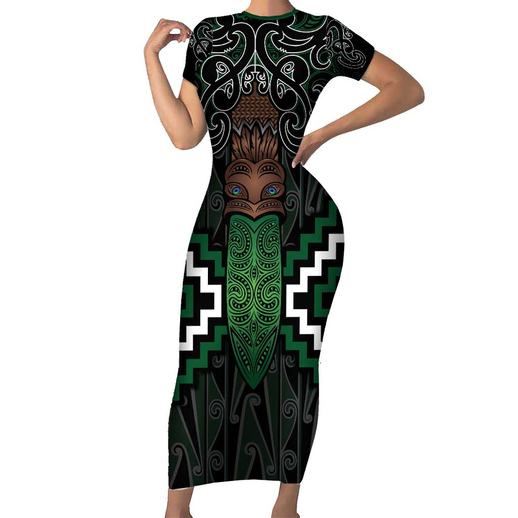 Maori Taiaha Pounamu Whakairo Personalized Short Sleeve Bodycon Dress Jade Poutama Motifs LT7 Long Dress Jade - Polynesian Pride