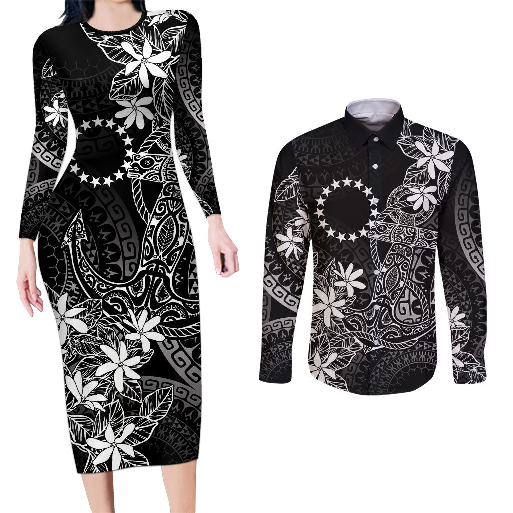 Black Kuki Airani Tapakau Couples Matching Long Sleeve Bodycon Dress and Long Sleeve Button Shirt Tribal Anchor Mix Tiare LT7 Black - Polynesian Pride