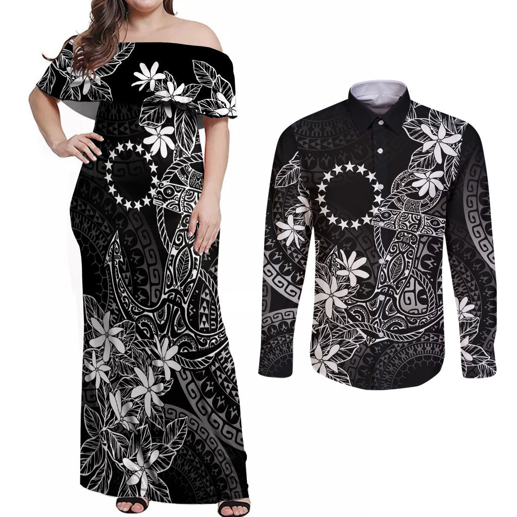 Black Kuki Airani Tapakau Couples Matching Off Shoulder Maxi Dress and Long Sleeve Button Shirt Tribal Anchor Mix Tiare LT7 Black - Polynesian Pride