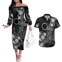 Black Kuki Airani Tapakau Couples Matching Off The Shoulder Long Sleeve Dress and Hawaiian Shirt Tribal Anchor Mix Tiare LT7 Black - Polynesian Pride