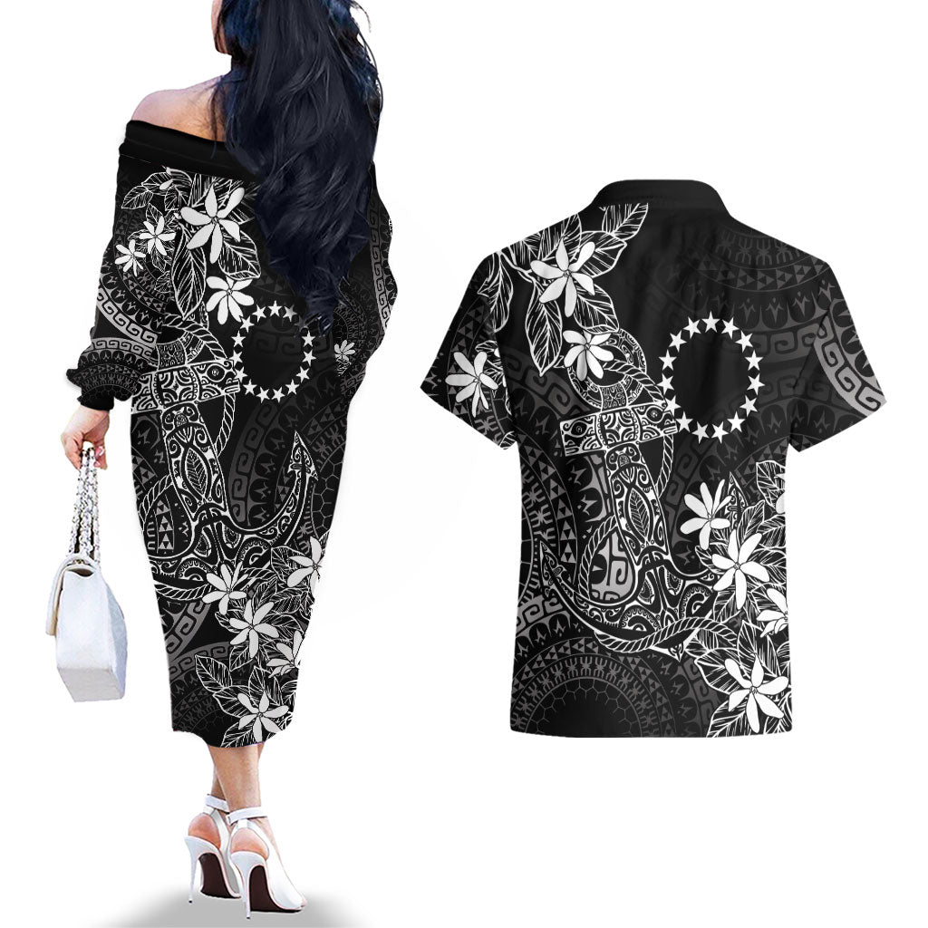Black Kuki Airani Tapakau Couples Matching Off The Shoulder Long Sleeve Dress and Hawaiian Shirt Tribal Anchor Mix Tiare LT7 - Polynesian Pride