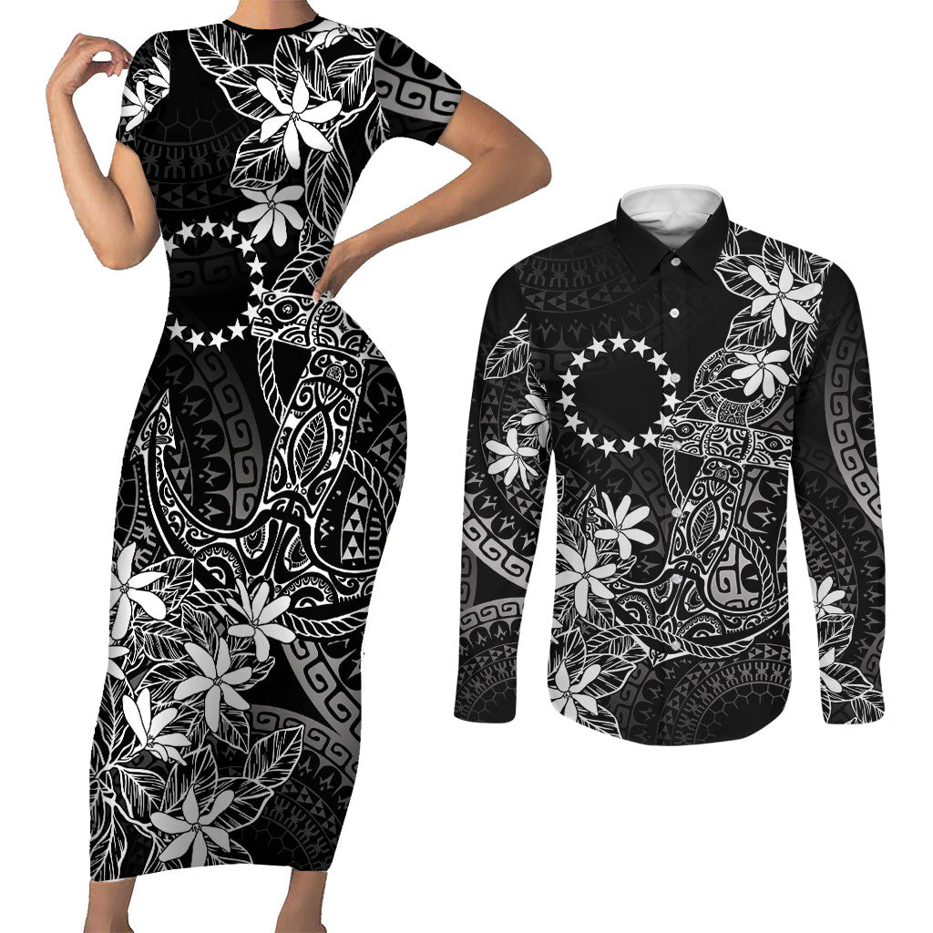 Black Kuki Airani Tapakau Couples Matching Short Sleeve Bodycon Dress and Long Sleeve Button Shirt Tribal Anchor Mix Tiare LT7 Black - Polynesian Pride