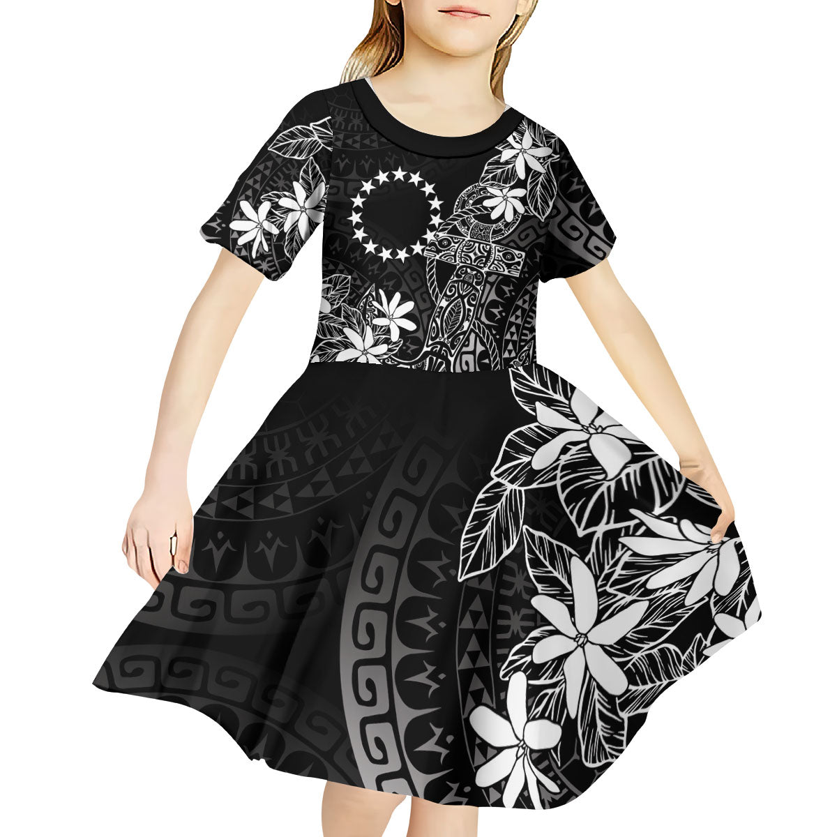 Black Kuki Airani Tapakau Kid Short Sleeve Dress Tribal Anchor Mix Tiare LT7 - Polynesian Pride