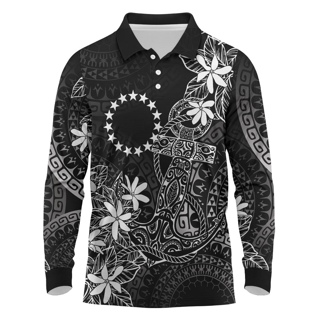 Black Kuki Airani Tapakau Long Sleeve Polo Shirt Tribal Anchor Mix Tiare
