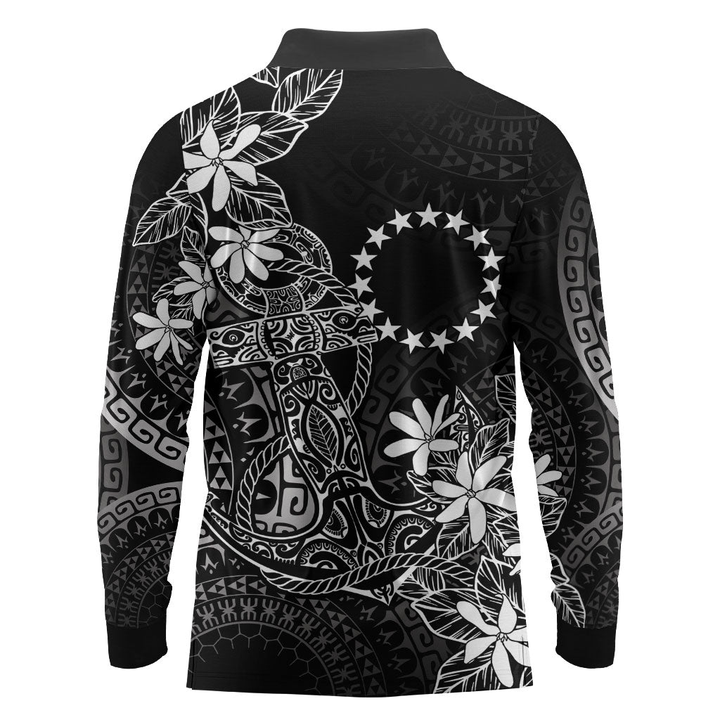 Black Kuki Airani Tapakau Long Sleeve Polo Shirt Tribal Anchor Mix Tiare LT7 - Polynesian Pride