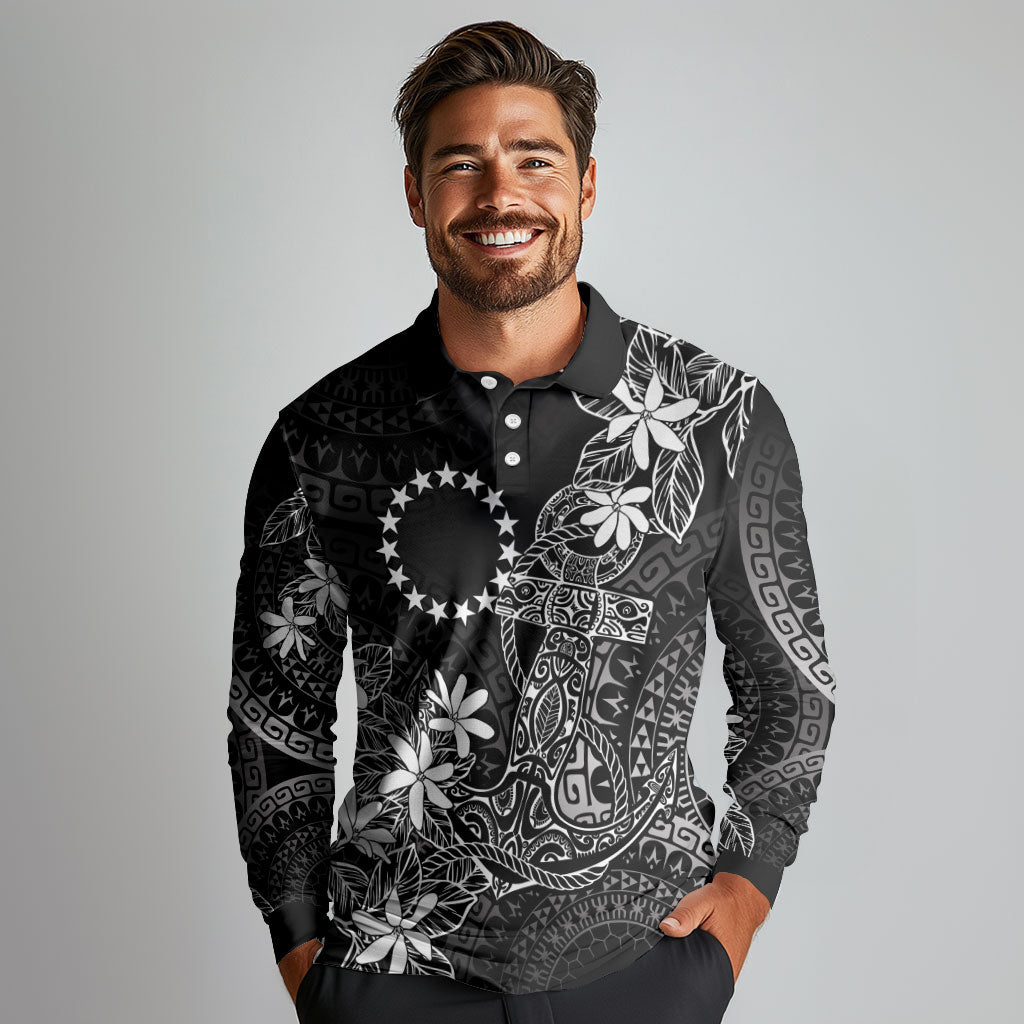 Black Kuki Airani Tapakau Long Sleeve Polo Shirt Tribal Anchor Mix Tiare LT7 - Polynesian Pride