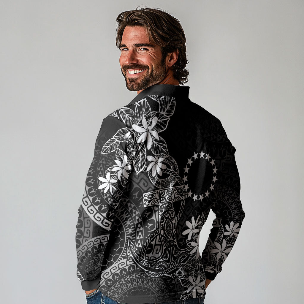 Black Kuki Airani Tapakau Long Sleeve Polo Shirt Tribal Anchor Mix Tiare LT7 - Polynesian Pride