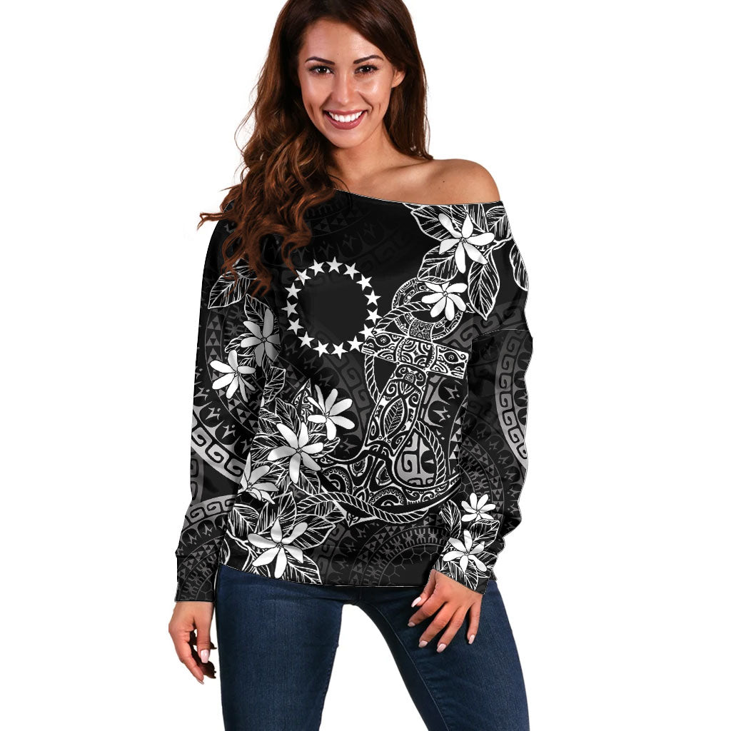 Black Kuki Airani Tapakau Off Shoulder Sweater Tribal Anchor Mix Tiare LT7 Women Black - Polynesian Pride