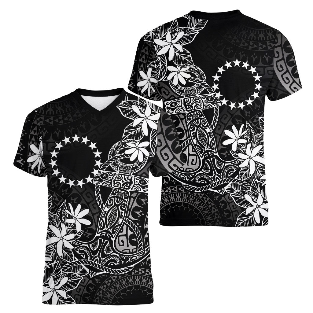 Black Kuki Airani Tapakau Women V-Neck T-Shirt Tribal Anchor Mix Tiare LT7 - Polynesian Pride