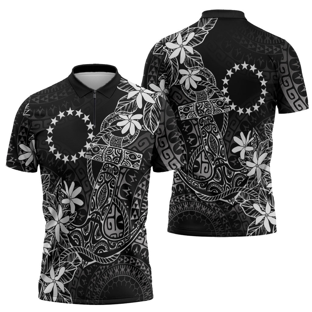 Black Kuki Airani Tapakau Zipper Polo Shirt Tribal Anchor Mix Tiare LT7 - Polynesian Pride