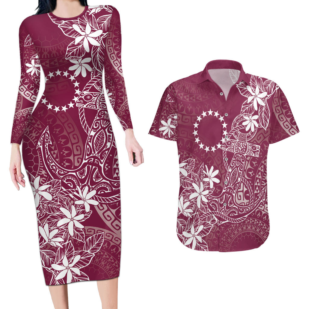 Maroon Kuki Airani Tapakau Couples Matching Long Sleeve Bodycon Dress and Hawaiian Shirt Tribal Anchor Mix Tiare LT7 Maroon - Polynesian Pride