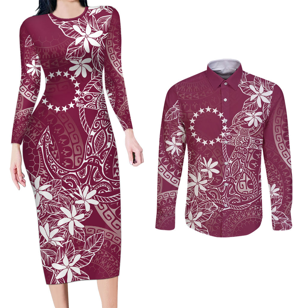 Maroon Kuki Airani Tapakau Couples Matching Long Sleeve Bodycon Dress and Long Sleeve Button Shirt Tribal Anchor Mix Tiare LT7 Maroon - Polynesian Pride