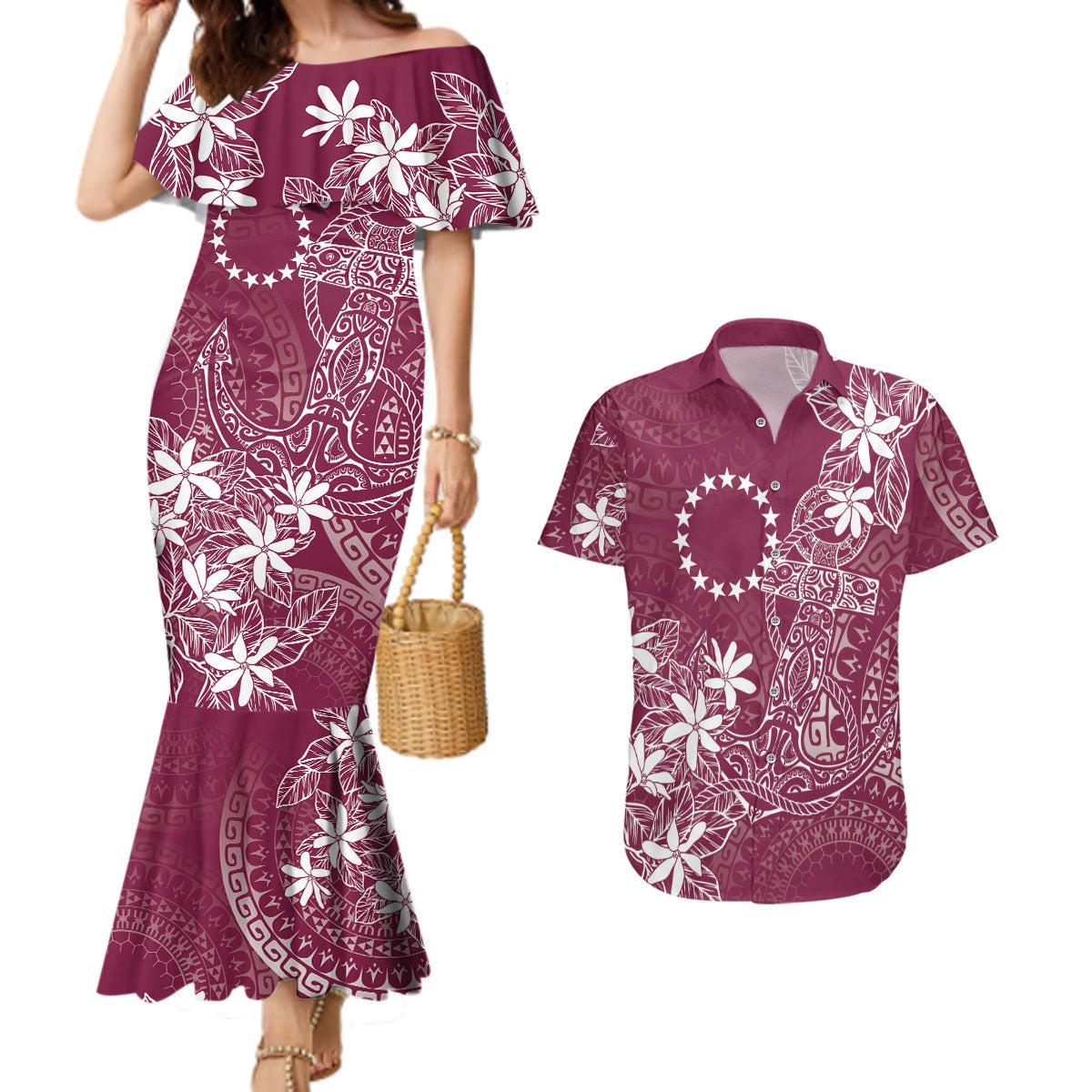 Maroon Kuki Airani Tapakau Couples Matching Mermaid Dress and Hawaiian Shirt Tribal Anchor Mix Tiare LT7 Maroon - Polynesian Pride