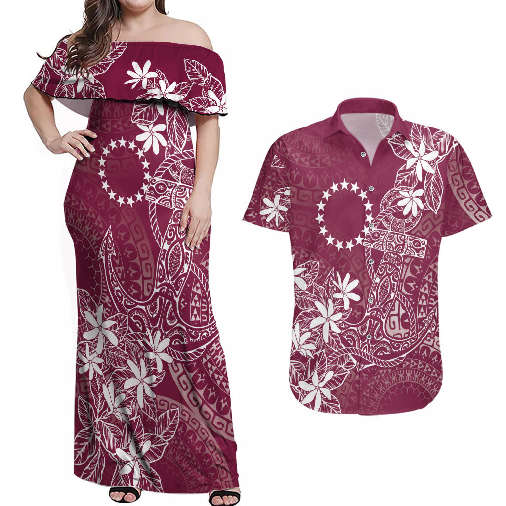 Maroon Kuki Airani Tapakau Couples Matching Off Shoulder Maxi Dress and Hawaiian Shirt Tribal Anchor Mix Tiare